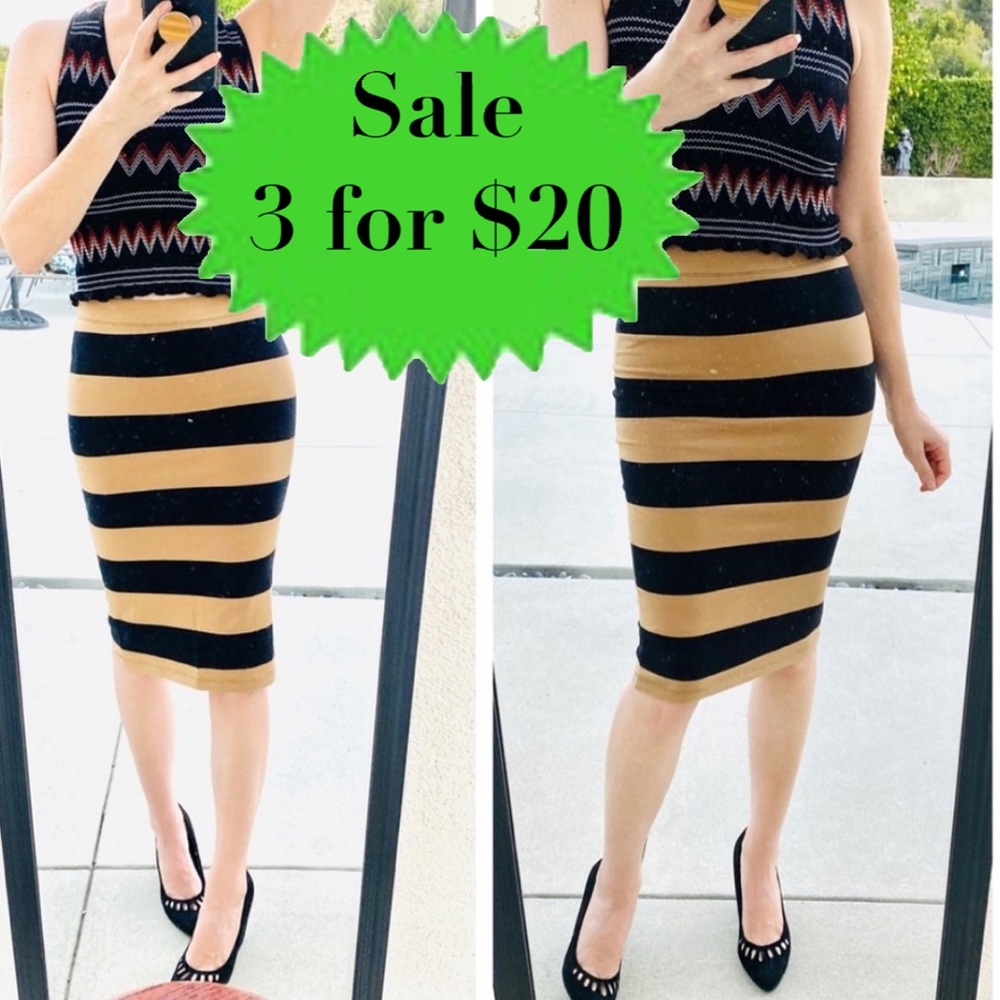 Forever 21 pencil Skirt striped stretchy tube wiggle BODYCON BLACK tan curvy M